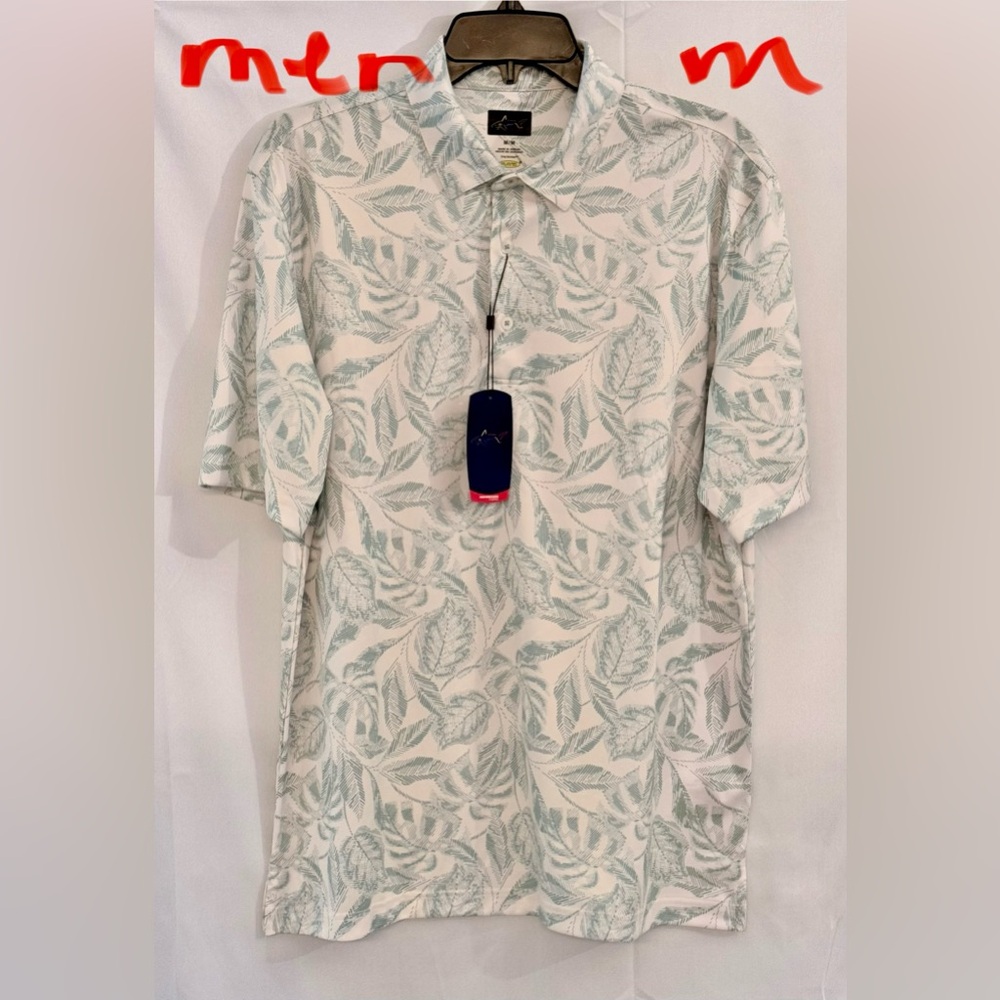 Greg Norman Collection White and Green Leaf Pattern Shirt